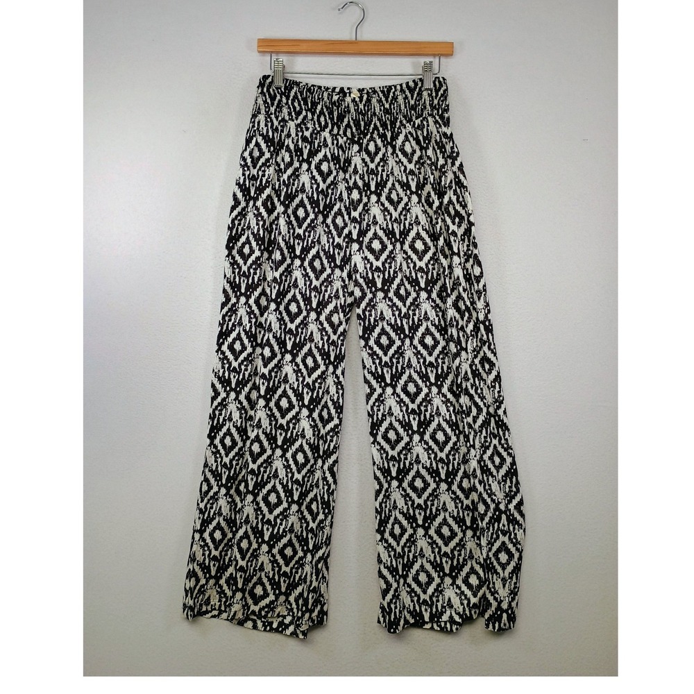 Boho‎ Tribal etc. Womens Size M Black White Ikat Smocked Wide Leg Palazzo Pants